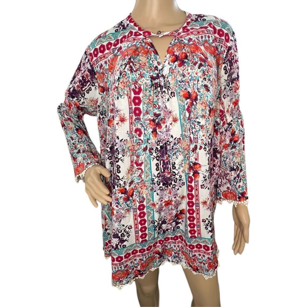 Umgee Long Sleeve Boho Floral Mini Tunic Dress With Crochet Hems